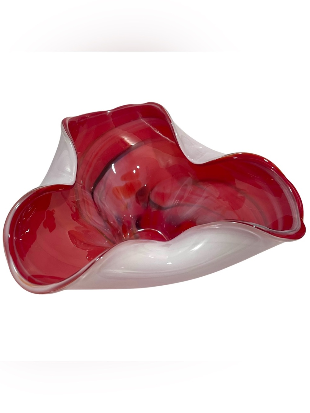 Vintage 1980s Art Glass Decorative Dish - Red and White - Made in China